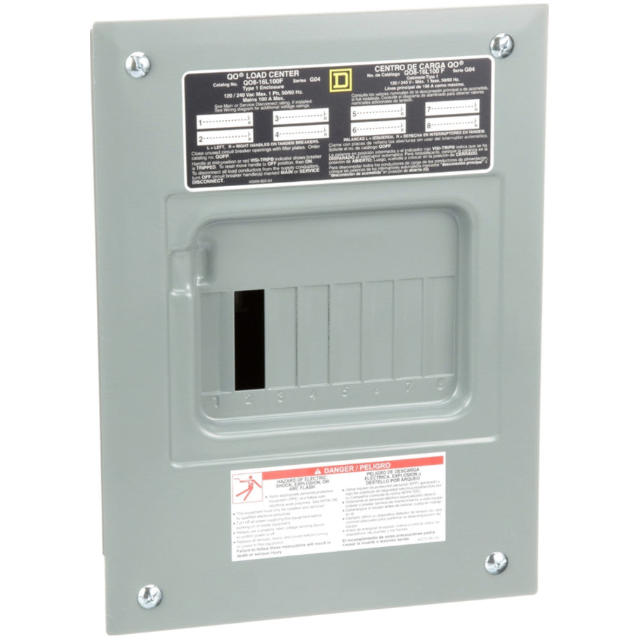 Load center, QO, 1 phase, 8 spaces, 16 circuits, 100A fixed main lugs, NEMA1, flush cover