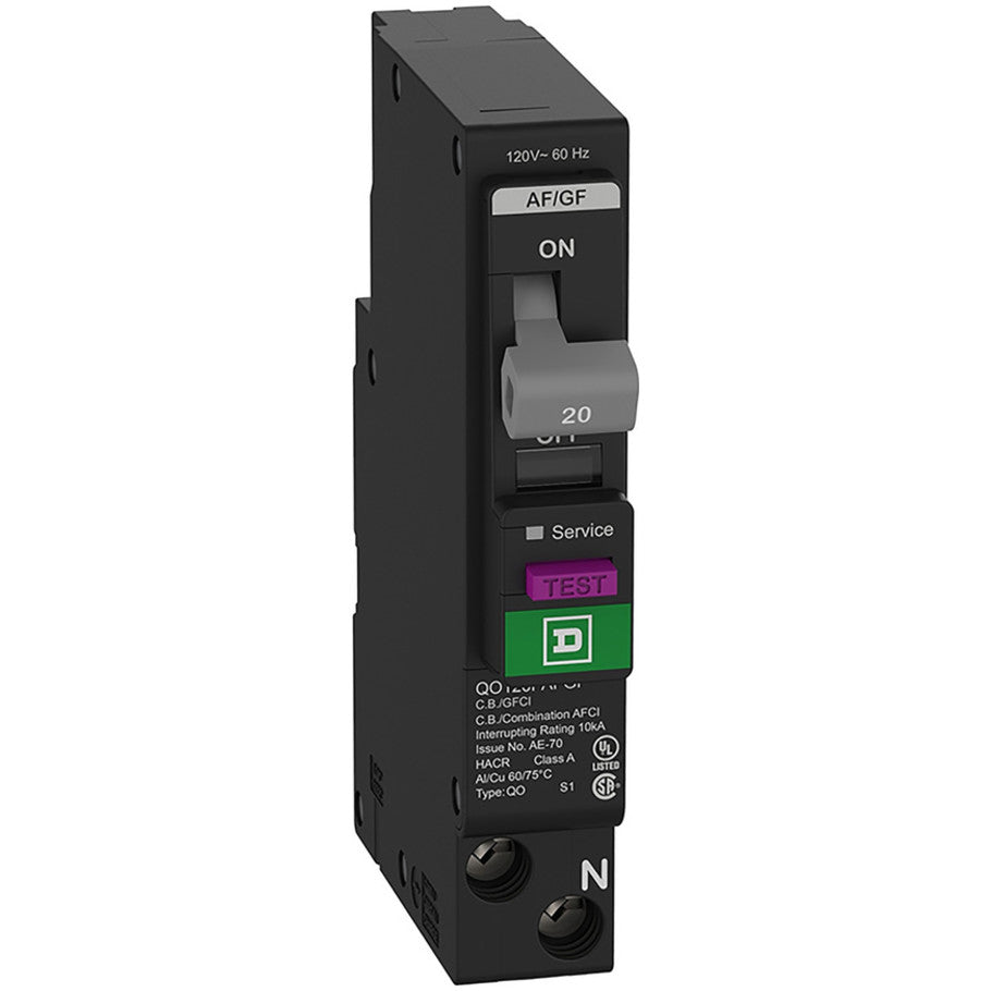 Mini circuit breaker, QO, 20A, 1 pole, 120VAC, 10kA, plug in, combo ARC fault, 6mA grd fault A, plug on neutral  TAA