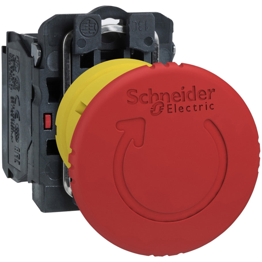 Emergency stop switching off, Harmony XB5, plastic, red mushroom 40mm, 22mm, trigger latching turn to release, 1NC