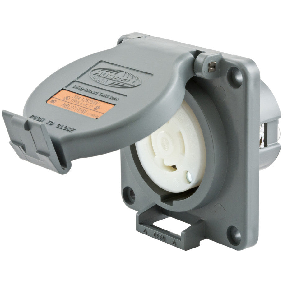 Locking Devices, Twist-Lock, Watertight Safety-Shroud, Receptacle, 30A 125/250V AC, 3-Pole 4-Wire Grounding, NEMA L14- 30R