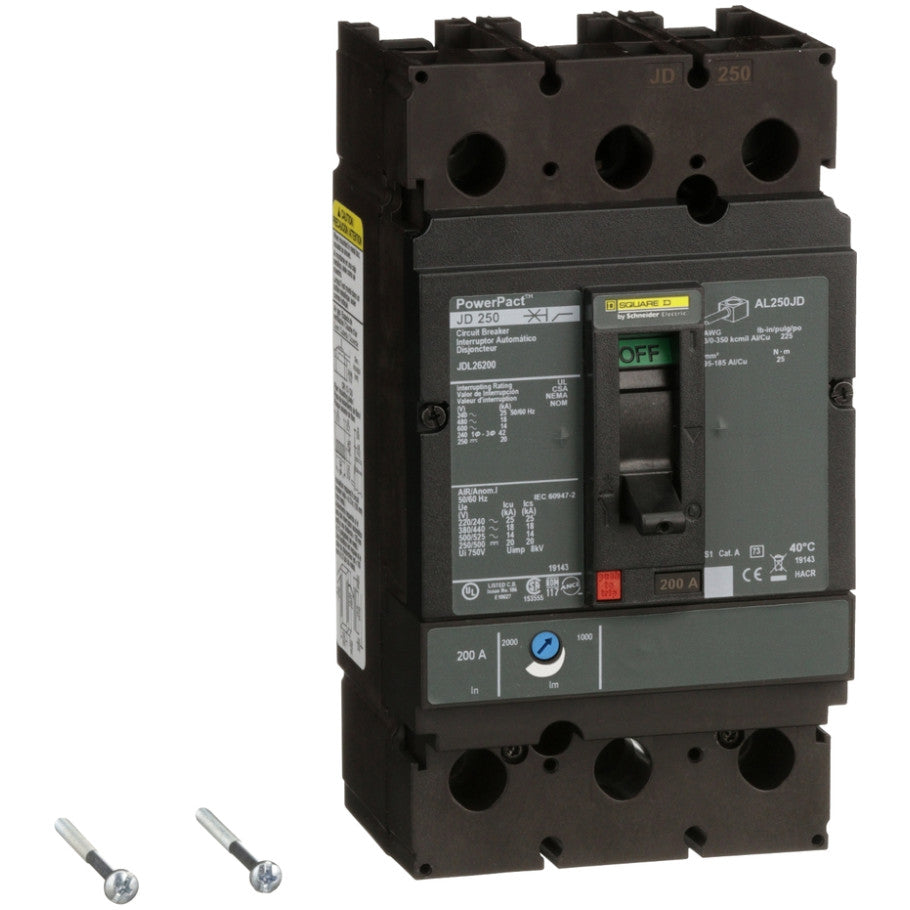 Circuit breaker, PowerPacT J, 200A, 2 pole, 600VAC, 14kA, lugs, thermal magnetic, 80