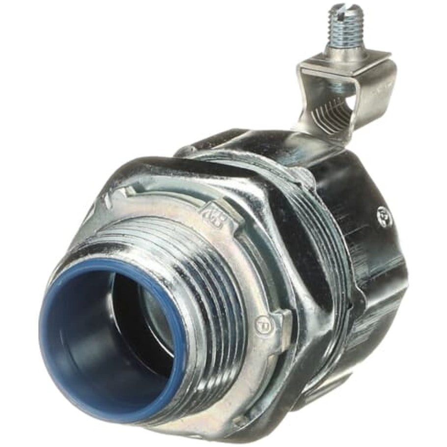 53 Series Liquid Tight Connector, Zinc Electroplated Steel, Grounding Lug, Insulated Throat, 1 in.