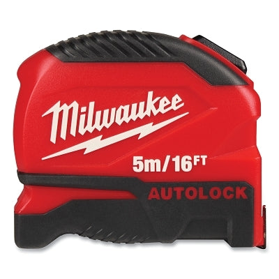 Auto-Lock Tape Measure, 5 m/16 ft, Metric/SAE, 1 in W Blade, Red/Black