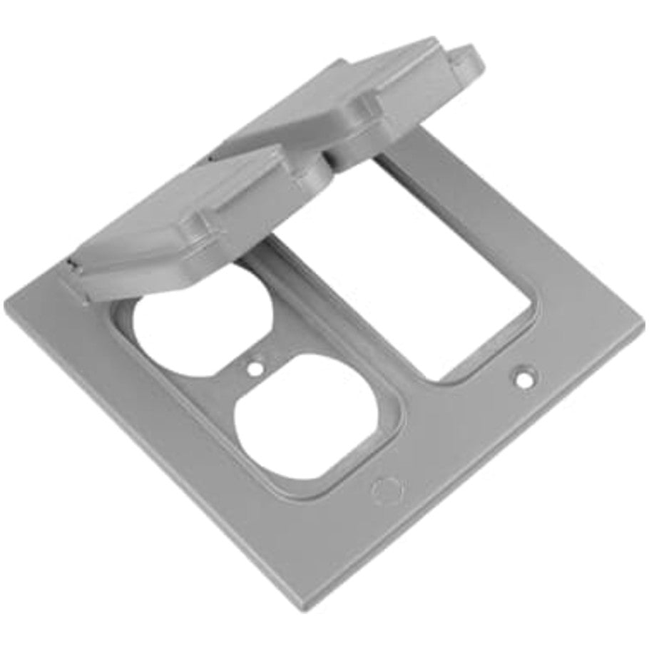Red-Dot Weatherproof Cover, Die-Cast Aluminum, Lift Lid, Silver, 2-Gang, (1) GFCI and (1) Duplex Receptacle