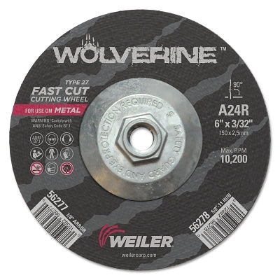 Wolverine Cutting Wheel, A24R, 6 in dia, 3/32 in Thick, 5/8 in in-11 UNC AH, 24 Grit, Type 27