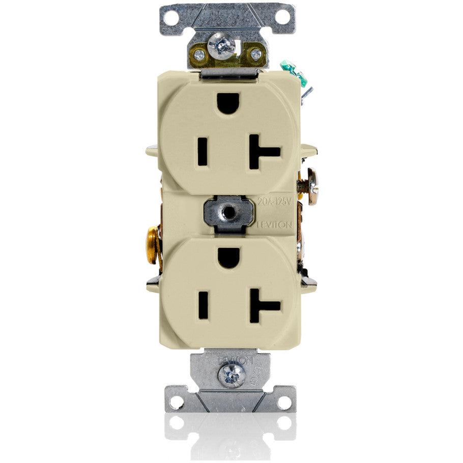Industrial Series Heavy Duty Spec Grade Straight Blade  Duplex Receptacle, 20A, 125V, 2P3W, NEMA 5-20R, Self-Grounding, Ivory