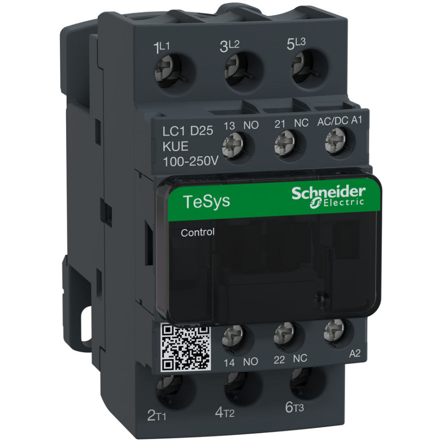 IEC Contactor, TeSys Deca Green, Nonreversing, 25A, 15HP at 480VAC, Up to 100kA SCCR, 3 Phase, 3 NO, 100/250VAC/VDC coil