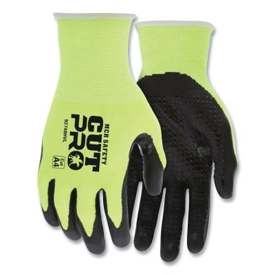 CutPro 92748HV 18-ga HyperMax Nitrile-Dotted Coated Gloves, Large, Hi-Vis Lime