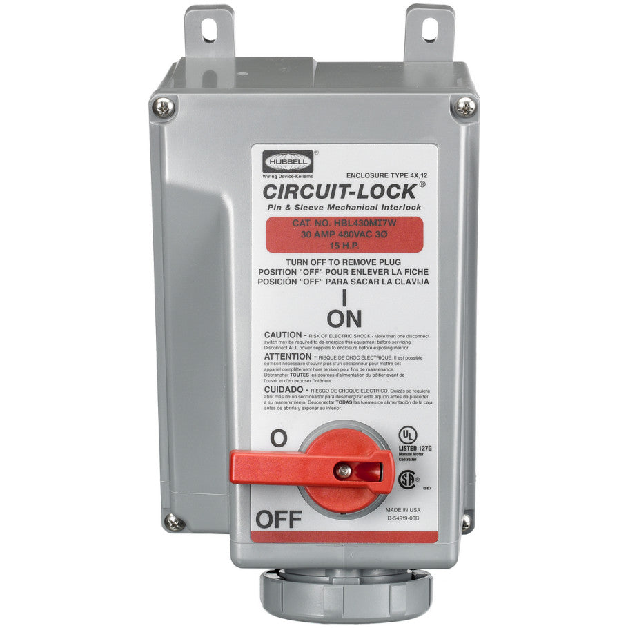 Circuit-Lock IEC Mechanical Interlock, Unfused, Pressure Terminal Screws, 30A, 3-Pole, 4-Wire, 480 Vac