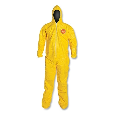 Tychem 2000 Coverall, Serged Seams, Attached Hood and Socks, Elastic Wrists, Zipper Front, Storm Flap, Yellow, X-Large