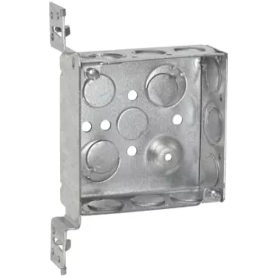 4 Square Box, Steel, Welded, 1-1/2 in.D, (6) 1/2   (3) 1/2 3/4 in. E Side KO, (2) 1/2   (2) 1/2 3/4 in. E Bottom KO, VMS Bracket