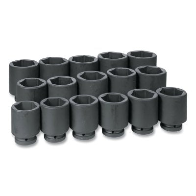 Impact Socket Set, 1 in Dr, SAE, 6-point, 2-1/16 in to 3 in, 16-Pc Deep Length