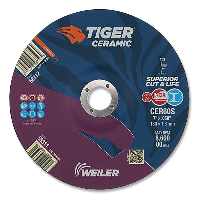 Tiger Ceramic Cutting Wheels, Type 27, 7 in Dia., 0.06 in Thick, 7/8 in Arbor