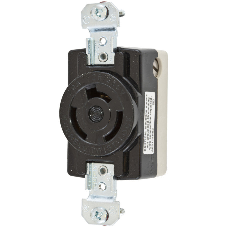 Twist-Lock Single Receptacle, 20A, 125/250V, 3P3W, Non-NEMA, Flush, Back and Side Wired, Black