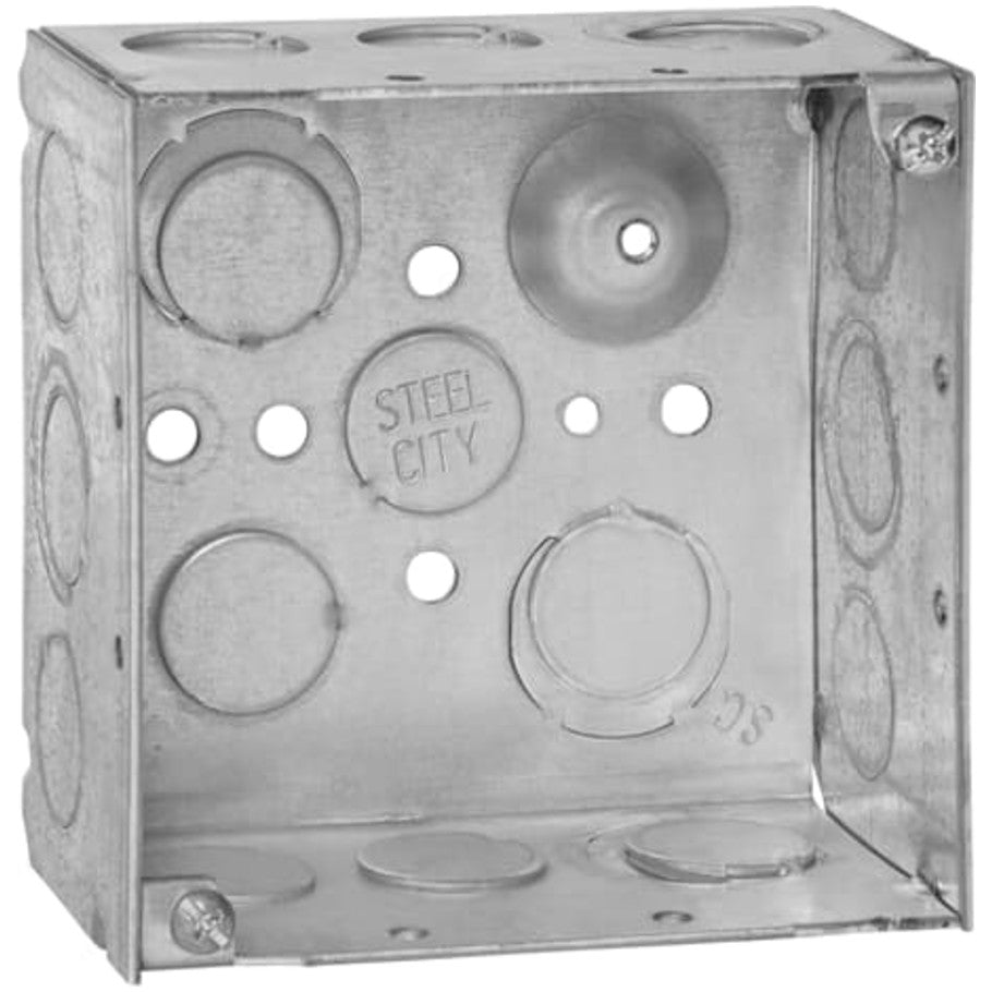 Electrical Box, Steel 4 Square, (17)1/2 and 3/4 Standard/E Knockouts, Ground Bump, 2-1/8 in. Deep