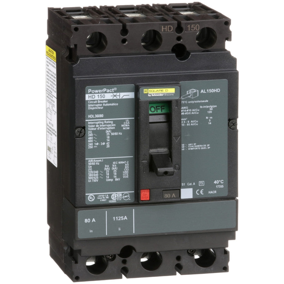 PowerPact Molded Case Circuit Breaker, H-Frame, Unit Mount, 14 kA, 600V, 3-Pole, 80A