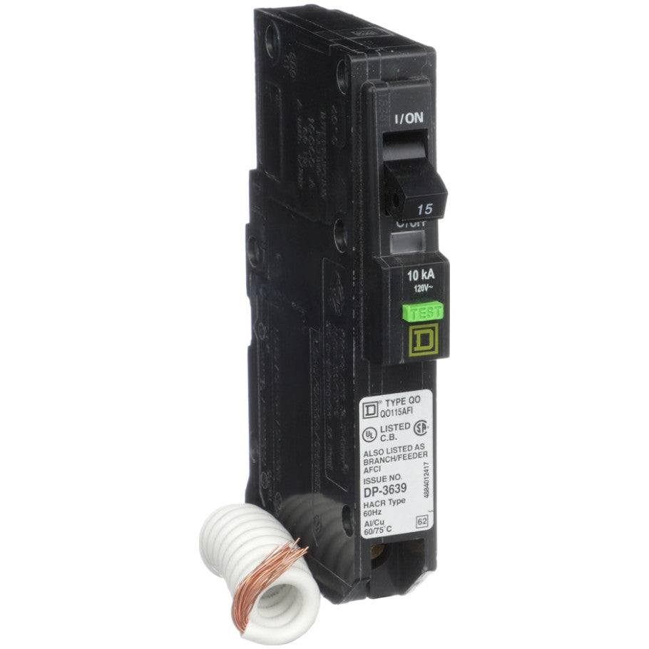 Mini circuit breaker, QO, 15A, 1 pole, 120VAC, 10kA, plug in, ARC fault, pigtail  TAA
