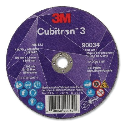 3M 638060-90034 Cubitron 3 Cut-Off Wheel, 4 in dia x 0.045 in Thick x 3/8 in Arbor, 36+ Grit, T1