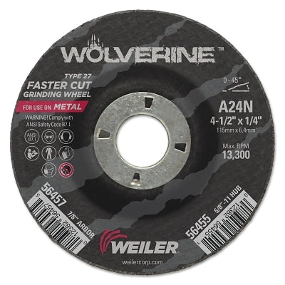 Wolverine Grinding Wheel, 4-1/2 in dia x 7/8 in Arbor x 1/4 in Thick, AO, 24N