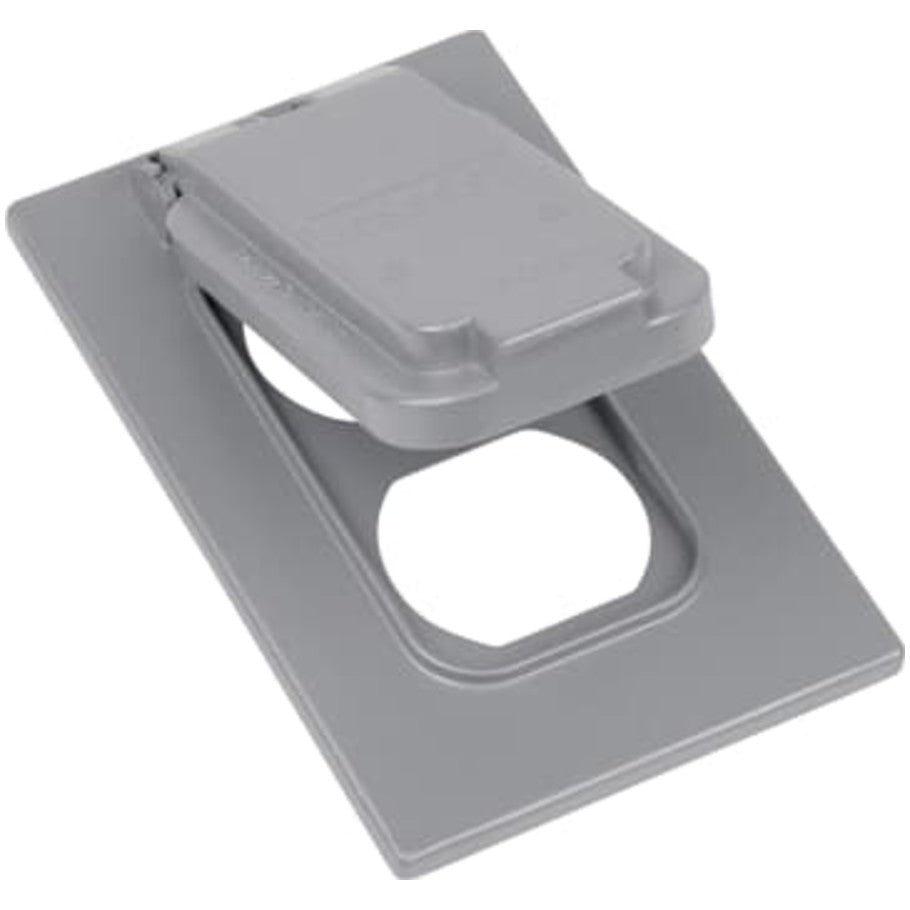 Red-Dot Weatherproof Cover, Die-Cast Aluminum, Lift Lid, Silver, 1-Gang, Device Mount, Duplex Receptacle, Vertical