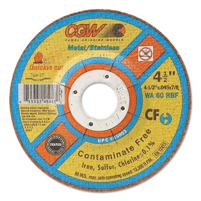 Contaminate Free Cut-Off Wheel, 4 1/2 in Dia, .045 in Thick, 60 Grit Alum. Oxide