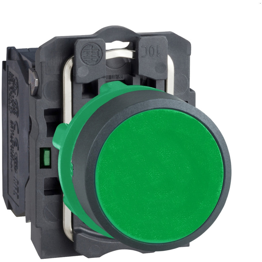 Push button, Harmony XB5, plastic, flush, green, 22mm, spring return, unmarked, 1NO