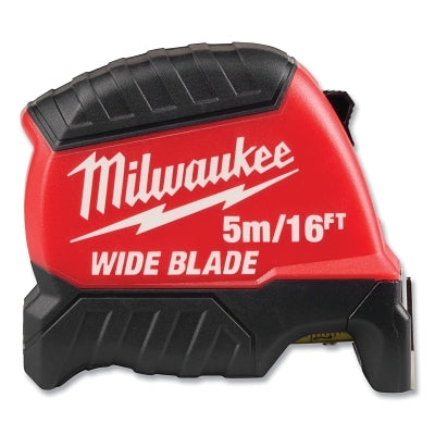 Wide Blade Tape Measure, 5 m/16 ft, Metric/SAE, Red/Black