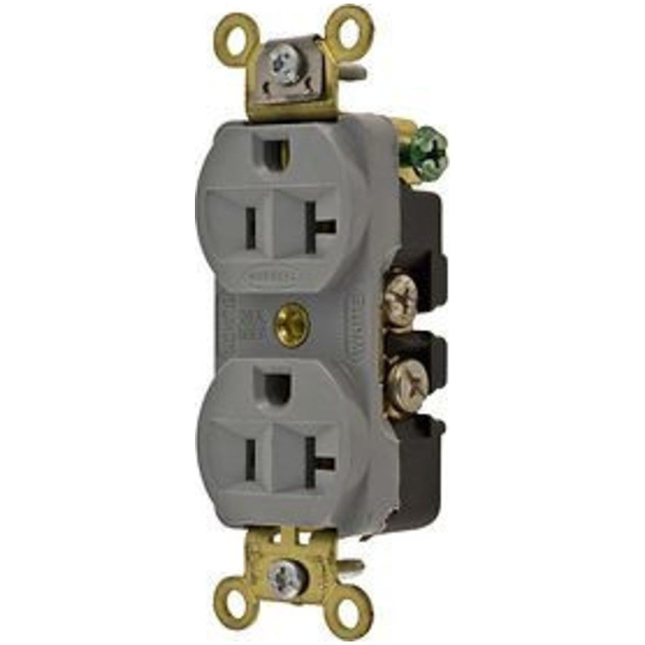 HBL Compact Straight Blade Duplex Receptacle, Extra Heavy Duty, 20A, 125V, 2P3W, NEMA 5-20R, Back and Side-Wired, Gray