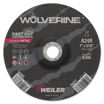 Wolverine Cutting Wheel, A24R, 7 in dia, 3/32 in Thick, 7/8 in AH, 24 Grit, Type 27