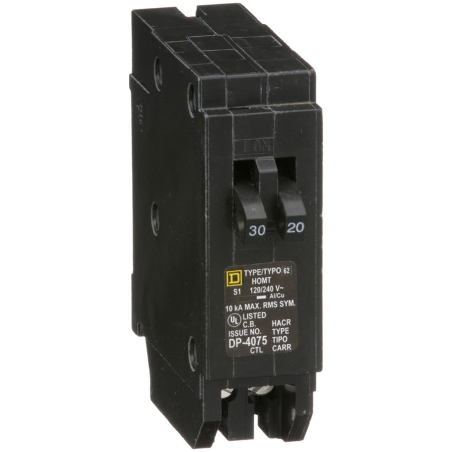 Homeline Tandem Circuit Breaker, Plug-In, 10kA, 120/240 Vac, 1-Pole, 30/20A