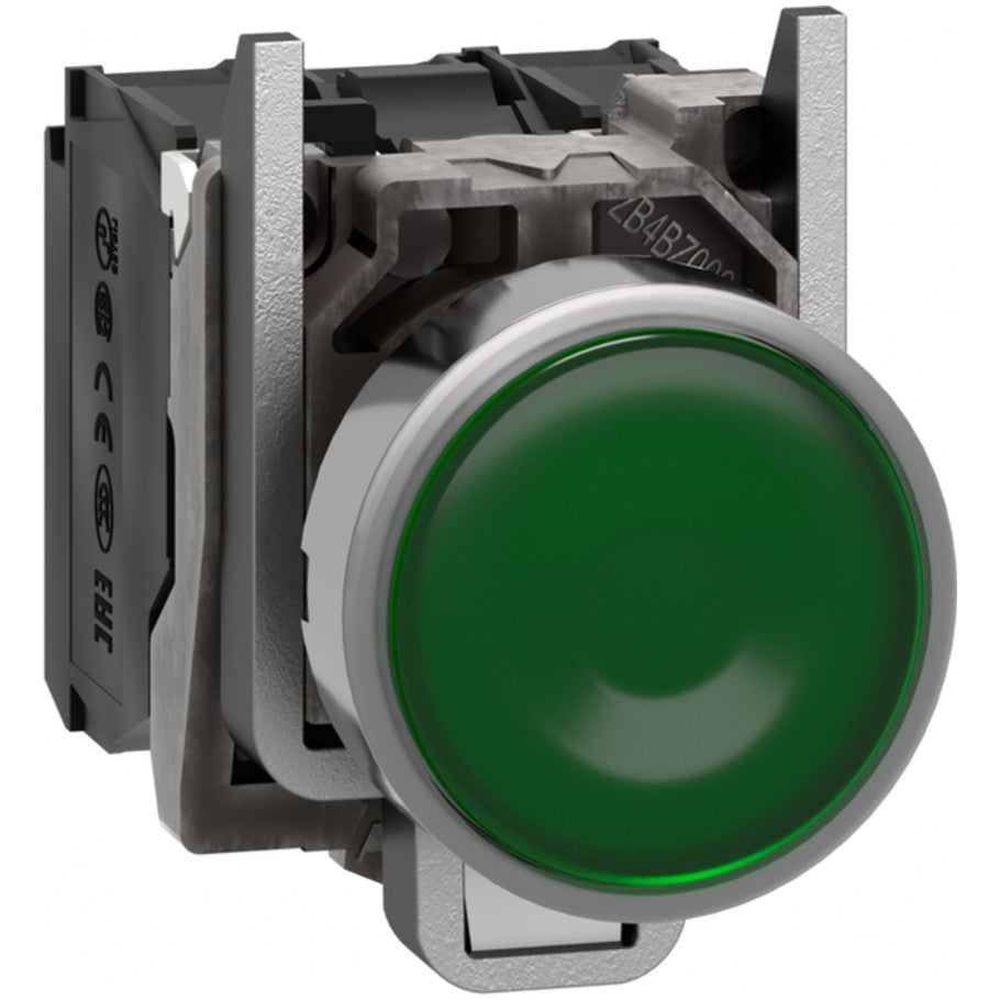 Illuminated push button, Harmony XB4, metal, green flush, 22mm, universal LED, plain lens, 1NO   1NC, 110...120V AC