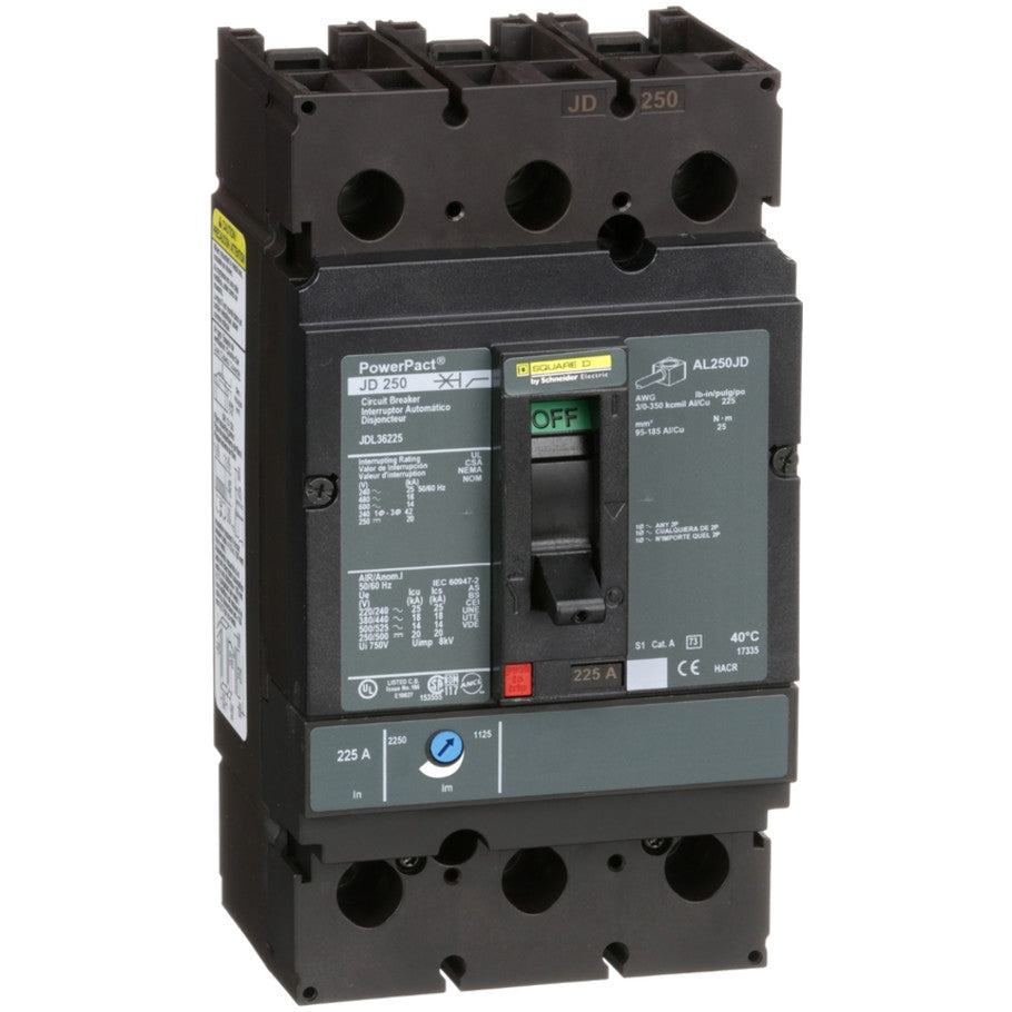 PowerPact Molded Case Circuit Breaker, J-Frame, Thermal Magnetic, Unit Mount, 14kA, 600 Vac/250 Vdc, 3-Pole, 225A