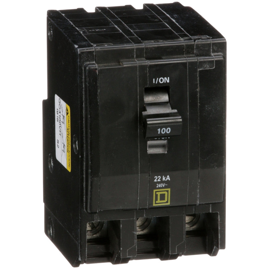 QO Miniature Circuit Breaker, Plug-In, 22kA, 240 Vac, 3-Pole, 100A, Common Trip