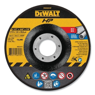 High Performance Cutting Wheel, Type 27, 4-1/2 in dia x 0.040 in Thick x 7/8 in Arbor, 60 Grit, Aluminum Oxide