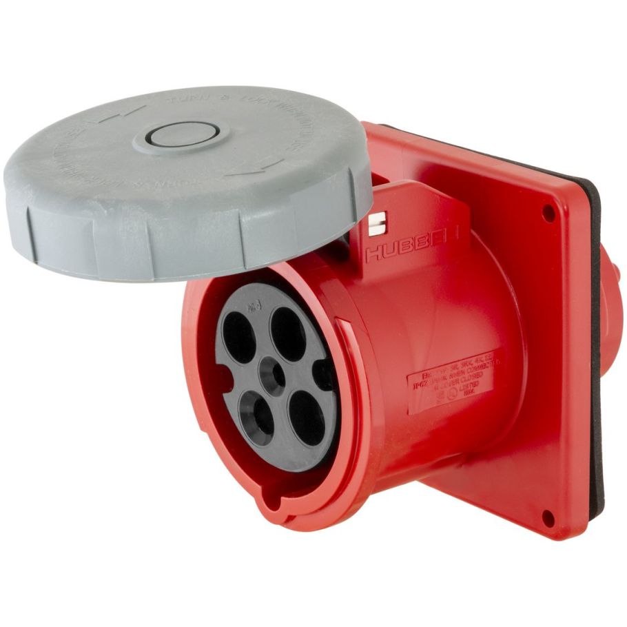 Pin and Sleeve Receptacle, Single, Watertight, 60A 3-Phase 480V, 3P4W, Red