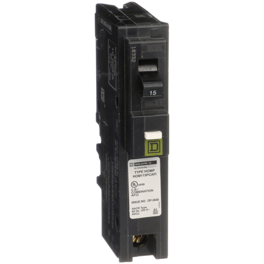 Mini circuit breaker, Homeline, 15A, 1 pole, 120VAC, 10kA AIR, combo arc fault, plug on neutral, plug in, UL,  TAA