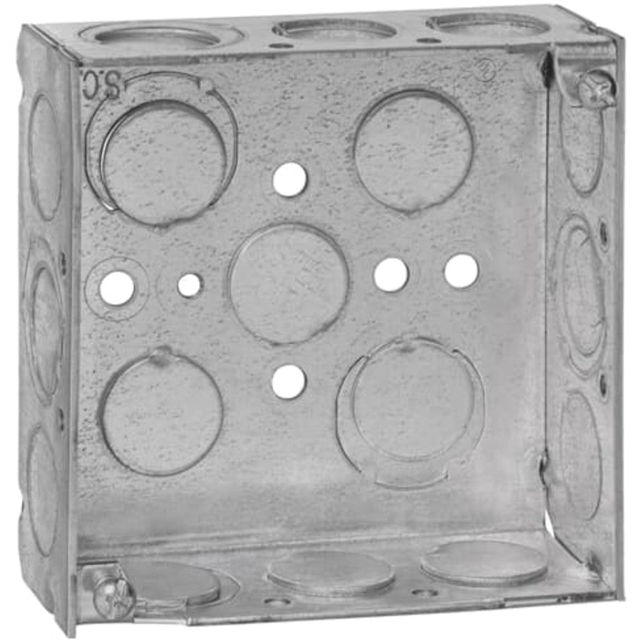 4 in. Square Box, Steel, Welded, 1-1/2 in. D, 1/2 and 3/4 in. Standard/Eccentric Knockouts