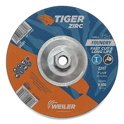 Tiger Grinding Wheel, 7 in dia x 1/4 in Thick x 7/8 in Arbor, 24 Grit, Zirconia Alumina, Type 27, 10 EA/BX