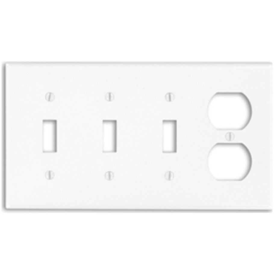 Wall Plate, 4-Gang, (3) Toggle Switch (1) Duplex Receptacle, Thermoset, White