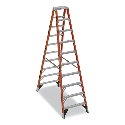 Fiberglass Twin Stepladder, T7410, Type IAA, 10 ft L, 14 ft Reach, 32 in W, 375 lb Load Capacity Per Side, Orange