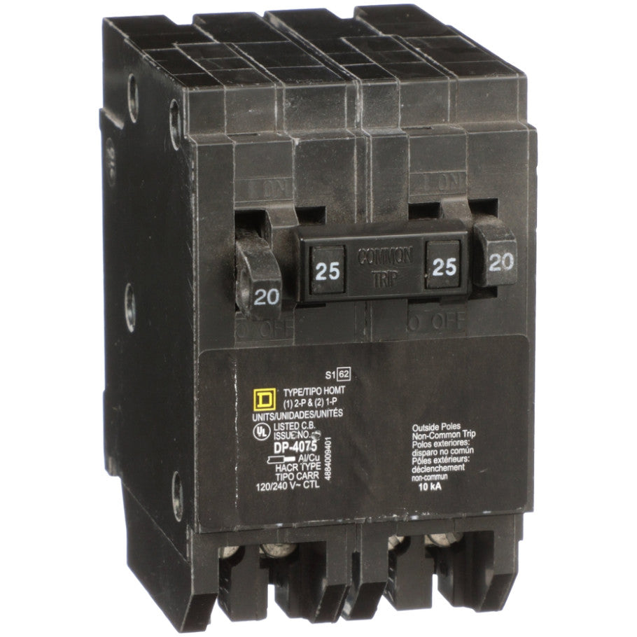 Homeline Quad Tandem Circuit Breaker, Plug-In, 10kA, 120/240 Vac, (2) 1-Pole 20A, (1) 2-Pole 25A