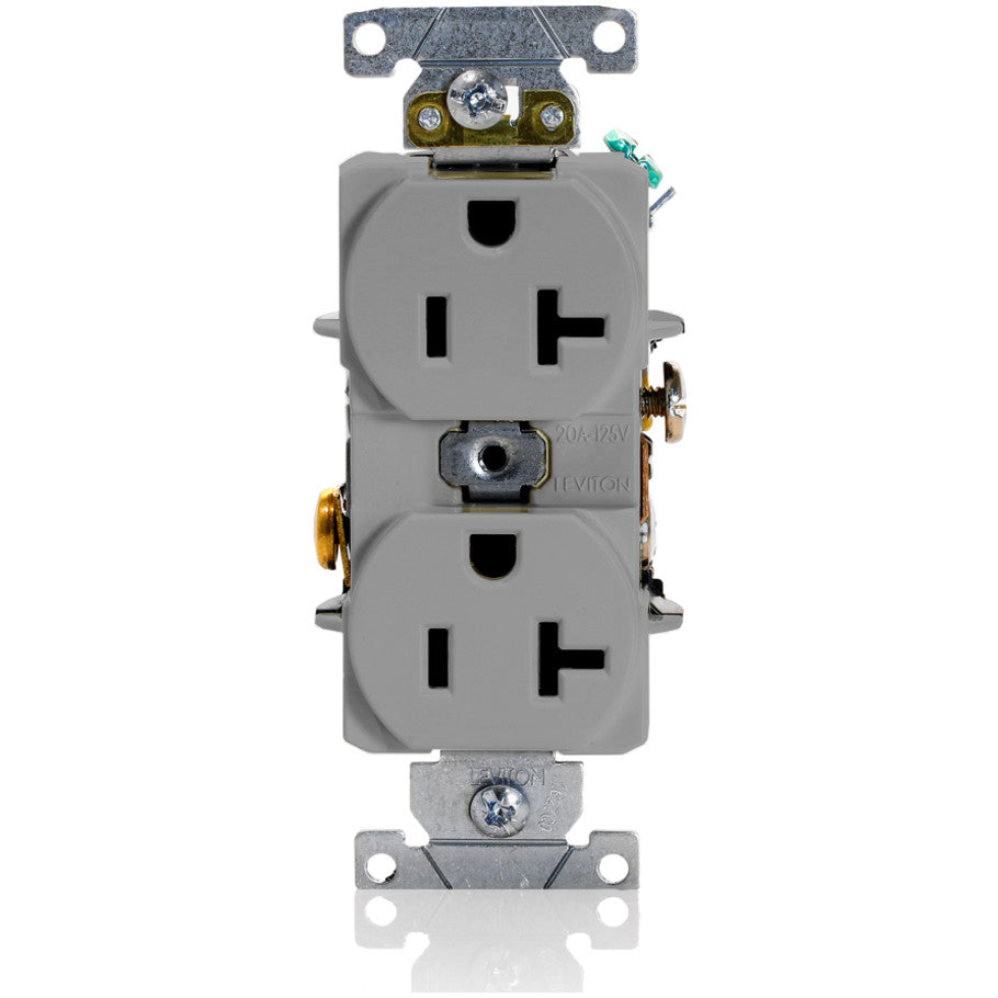 Straight Blade Duplex Receptacle, 20A, 125V, 2P3W, Self-Grounding, Back and Side 8-Hole Feed-Thru Wired, Gray