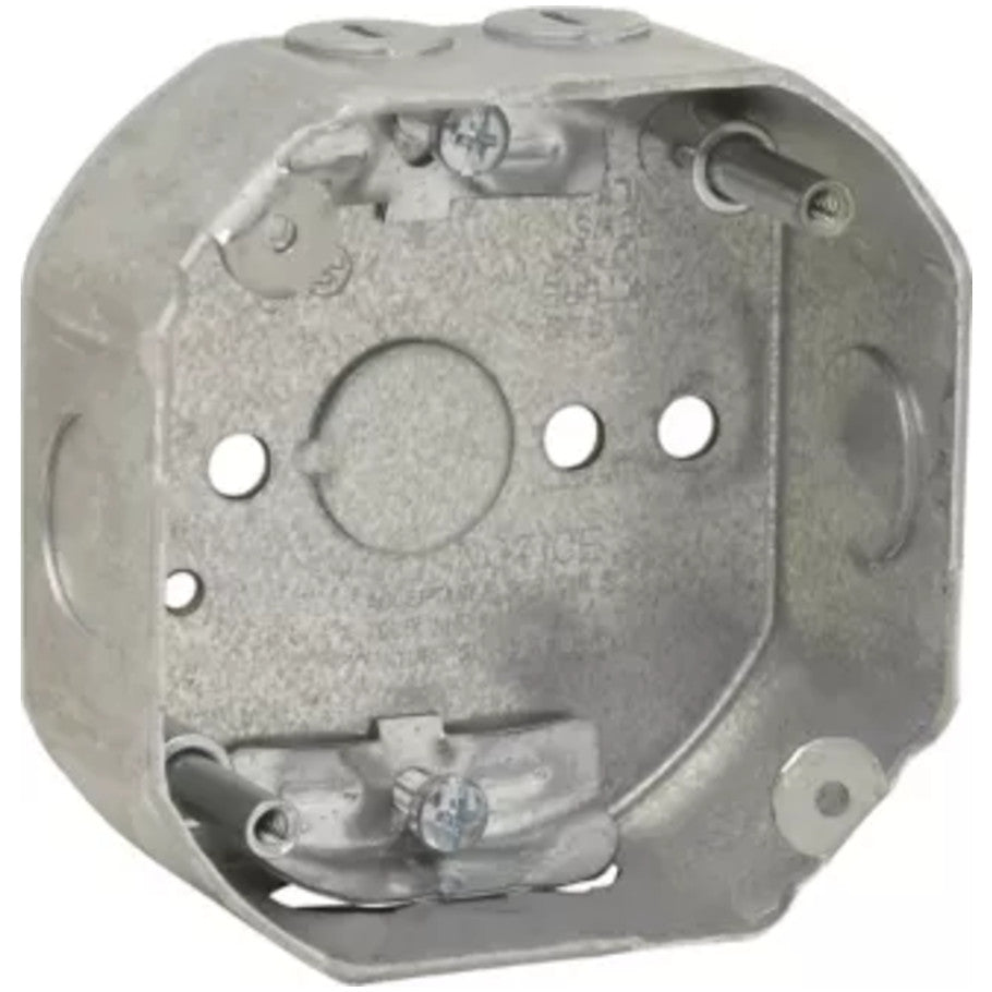Ceiling Fan Box, Steel, UL Listed, 1-1/2 in. D, (4) Side Cable Clamps, (2) 1/2 in. Side KO, (1) 1/2 in. Bottom KO