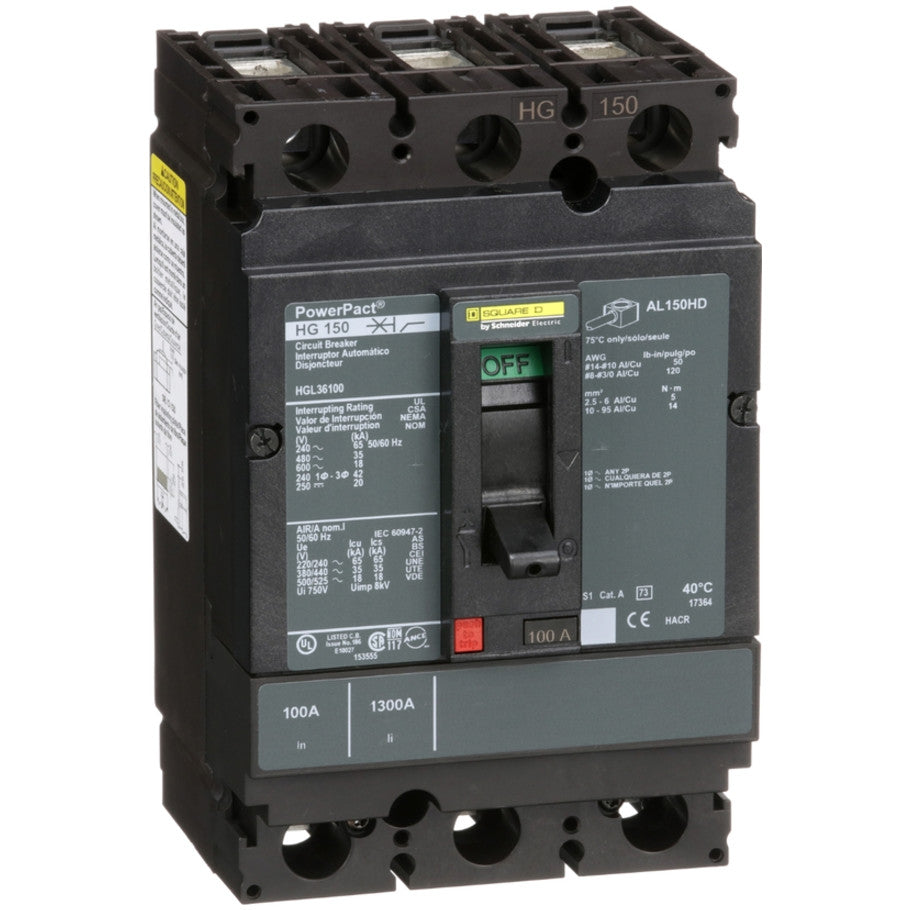 PowerPact Molded Case Circuit Breaker, H-Frame, Unit Mount, 18 kA, 600V, 3-Pole, 100A