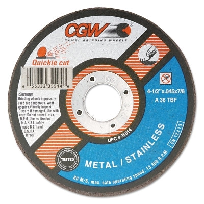 Quickie Cut Extra Thin Cut-Off Wheel, 5 in Dia, 0.045 in Thick, 7/8 in Arbor, 36 Grit Aluminum Oxide