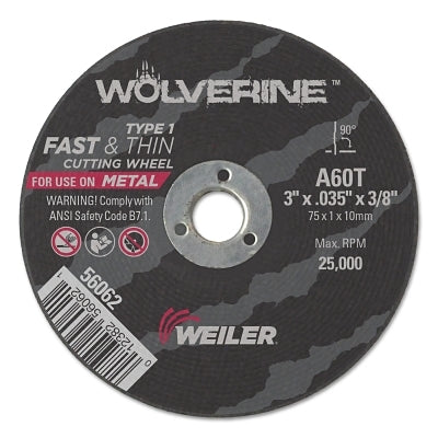 Wolverine Cut-Off Wheel, Type 1, AO, 3 in dia x 3/8 in AH x 0.035 in Thick, 60T, 100 EA/PK