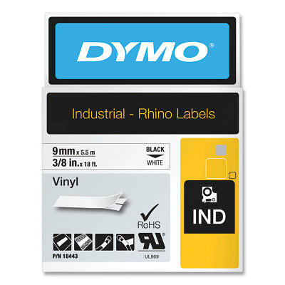 Industrial Rhino Vinyl Label Cartridge, 3/8 in W x 18 ft L, Black Print on White Background