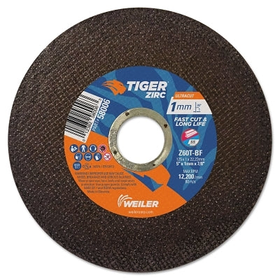 Tiger Zirc Cutting Wheel, 5 in dia, 1 mm Thick, 7/8 in Arbor, 60 Grit