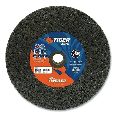 Tiger Snagging Wheel, 6 in dia x 1 in Thick x 5/8 in Arbor, 16 Grit, Zirconia Alumina, Type 1, 5 EA/BX