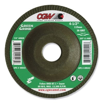 Type 27 Green Grind Grinding Wheel, 4-1/2 in dia, 7/8 in arbor, 36 Grit, Zirconia and Aluminum Oxide